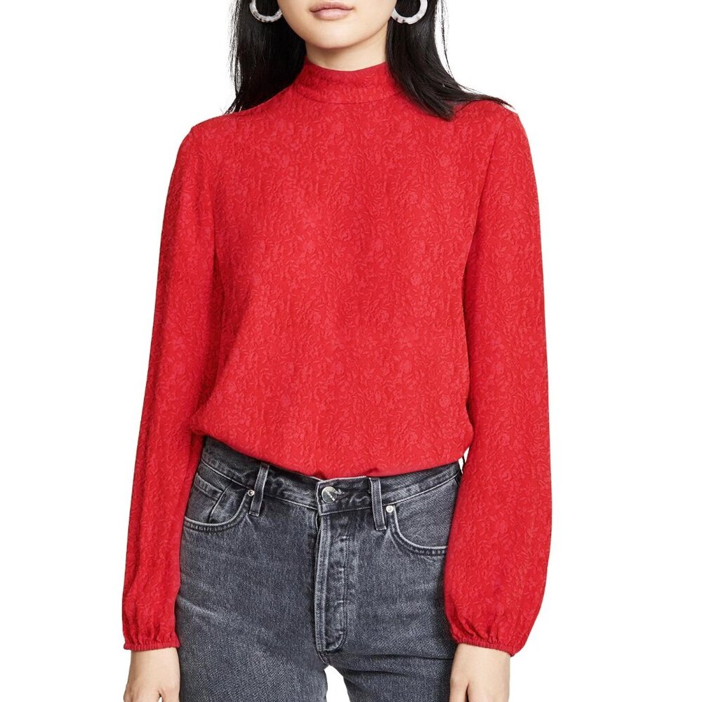 NWT Theory Mock Neck Silk Blouse, Bright Ruby, Size P